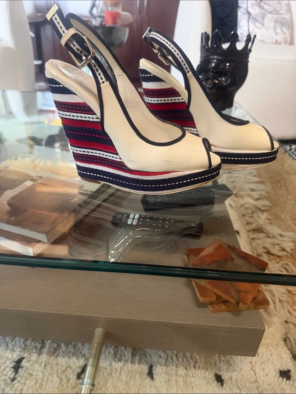 D&G Cream and Black Peep-Toe Slingback Wedges